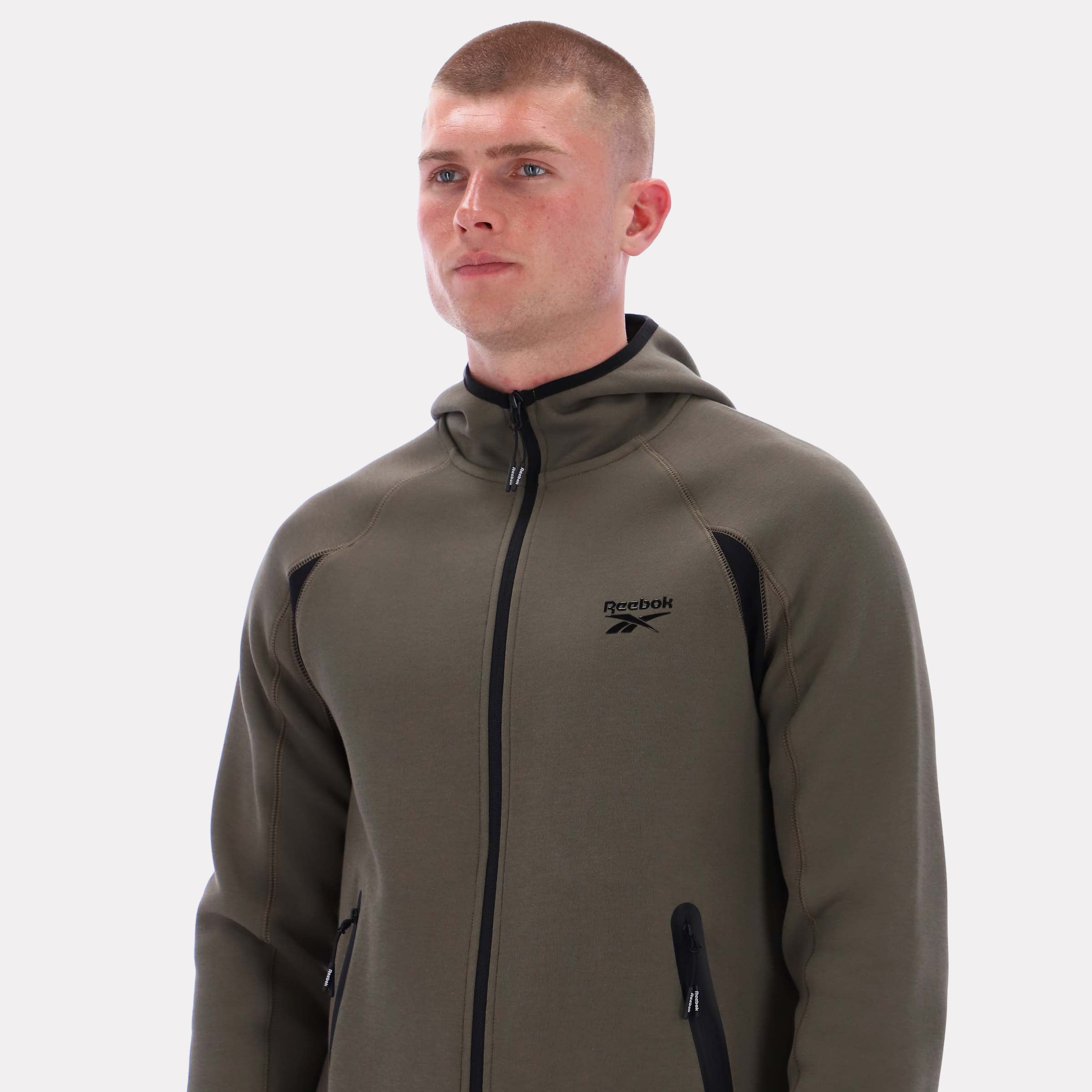 Reebok Men's Contrast Panel Zip Hoody  In Army REG