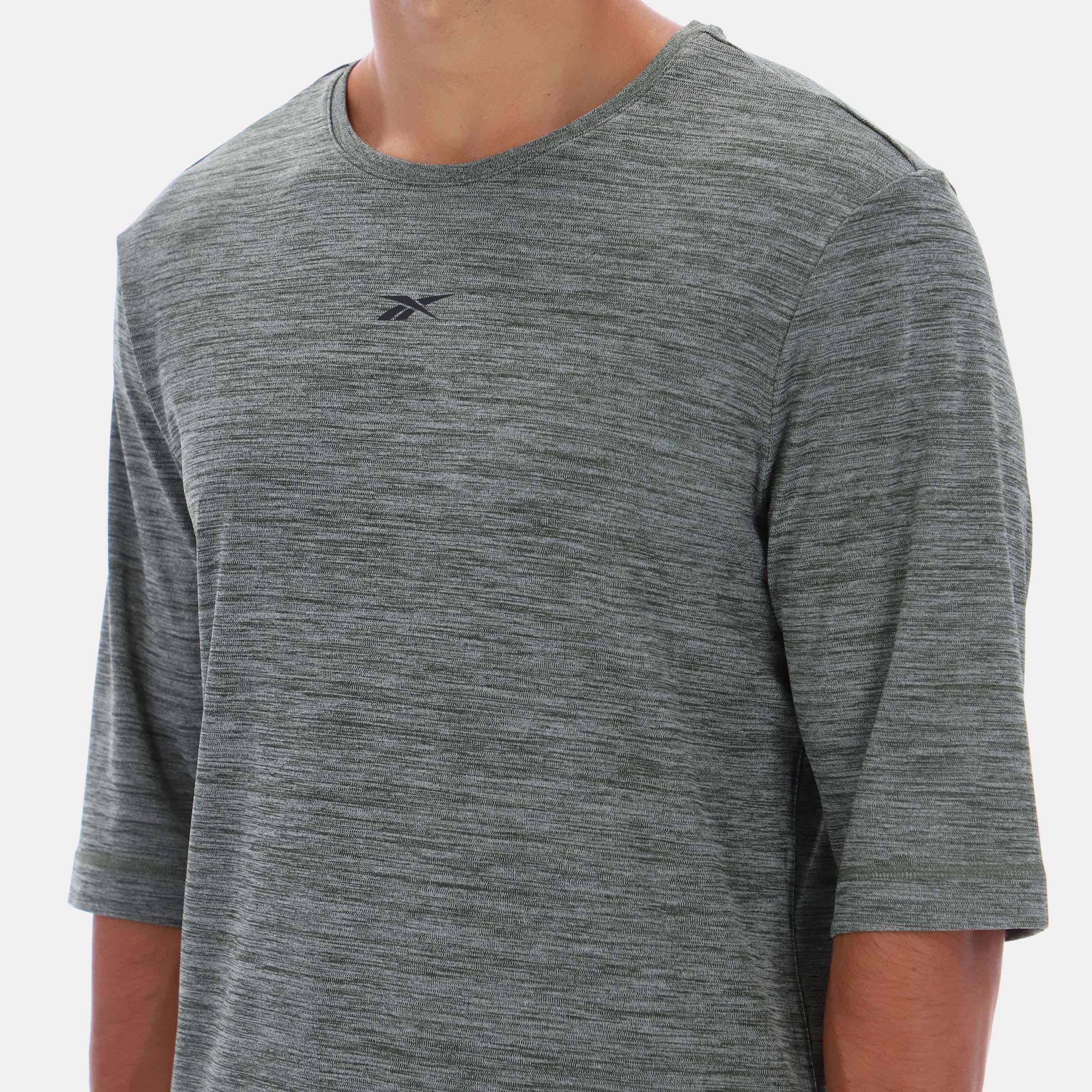 T-shirt de yoga décontracté à manches longues Reebok pour homme, compatible avec l'application d'entraînement Reebok, vert.