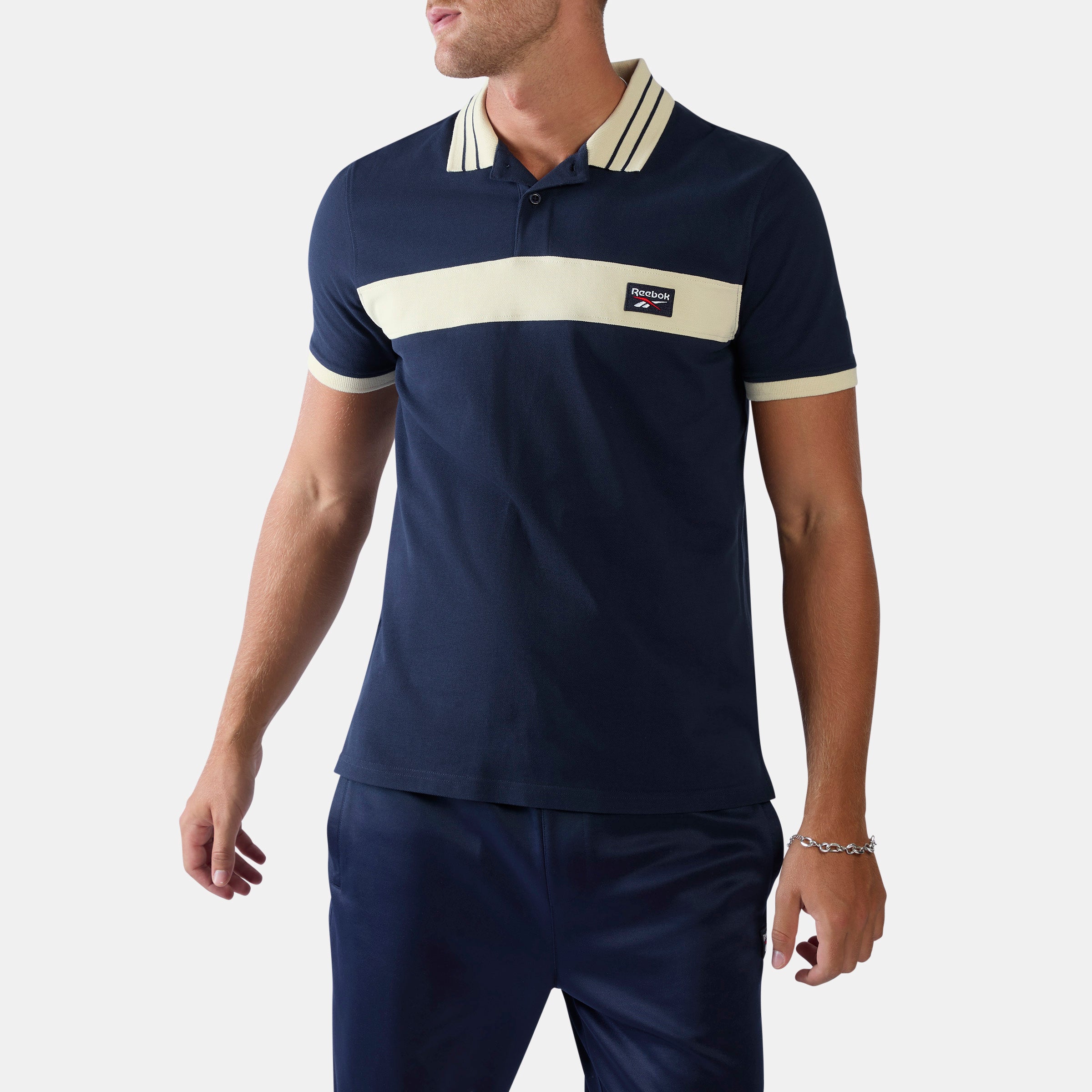Reebok Men's Heritage Panelled Pique Polo Shirt  In Navy/Linen REG