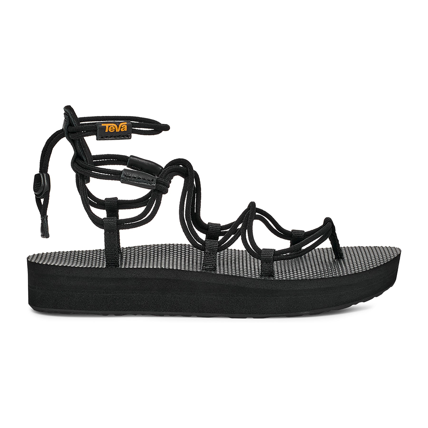 Black sandal with 'Teva' logo on a white background