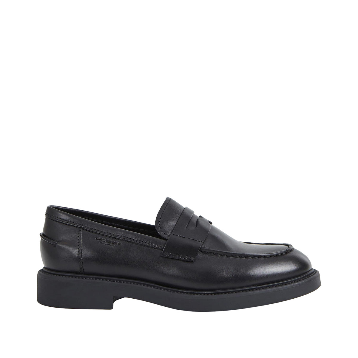 black leather penny loafer on a white background