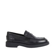 black leather penny loafer on a white background