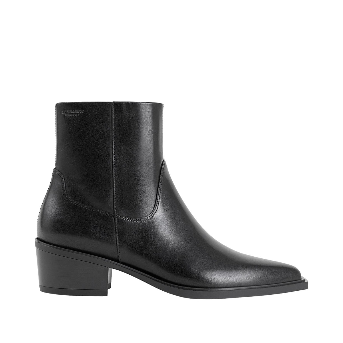 black leather pointed toe ankle boot on a white background