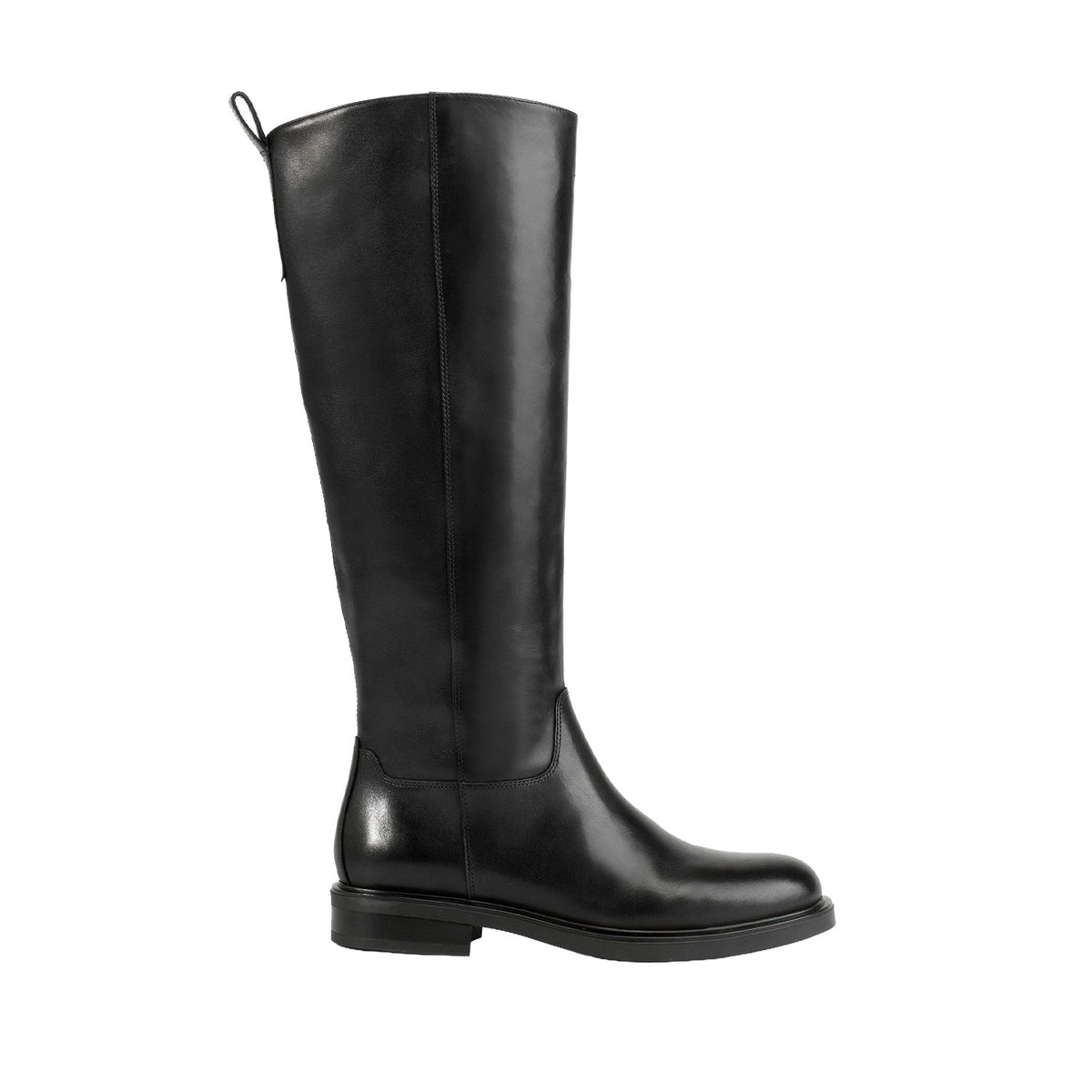 black leather tall riding boot on a white background