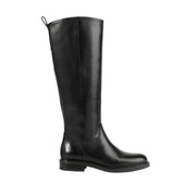 black leather tall riding boot on a white background