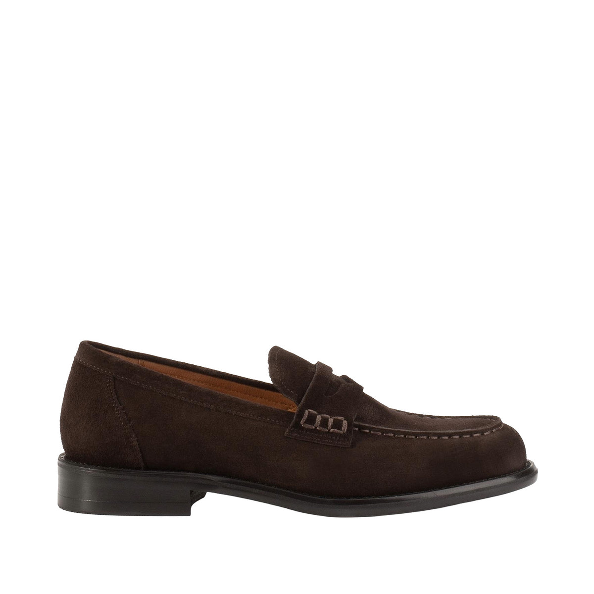 brown suede penny loafer on a white background