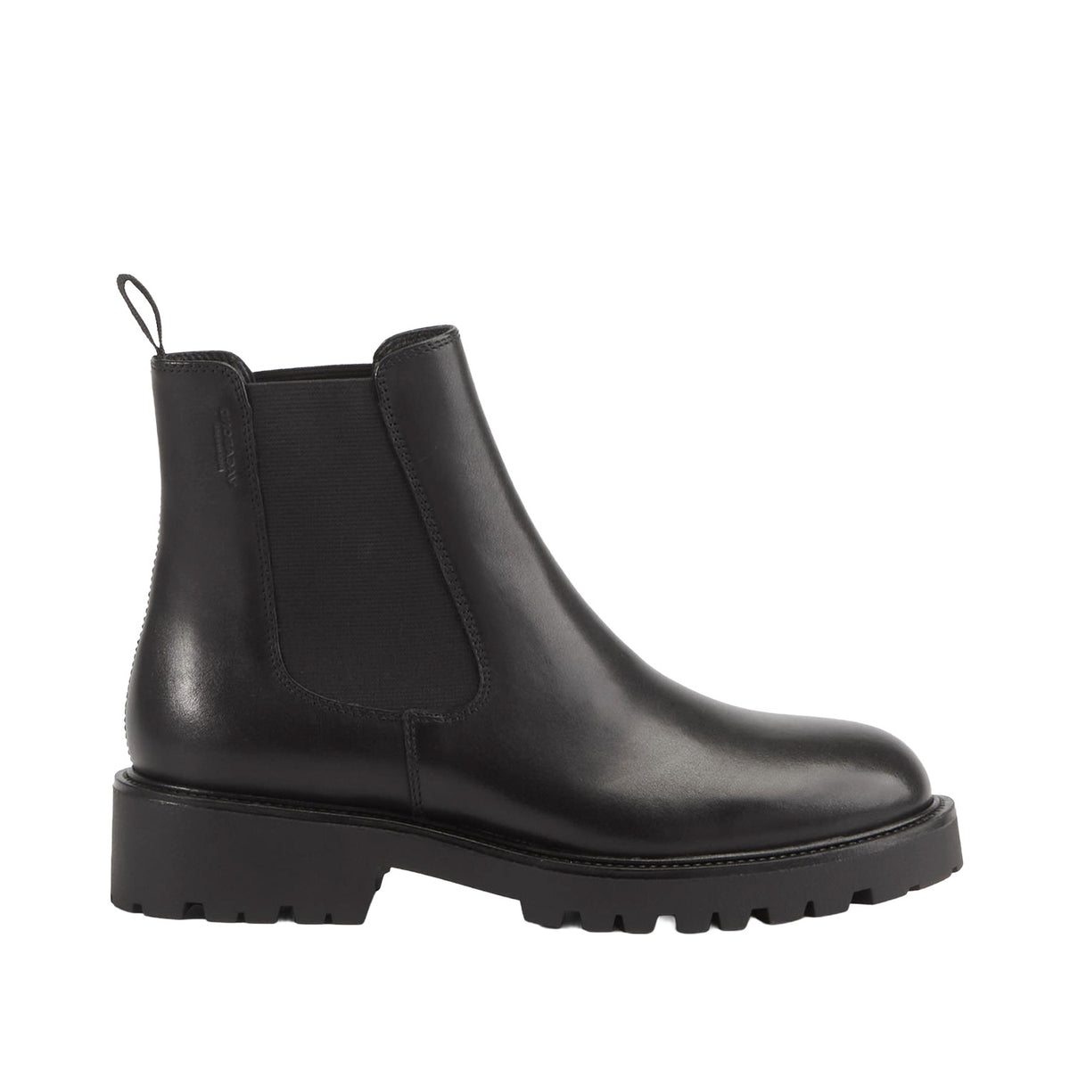 black leather chelsea ankle boot on a white background