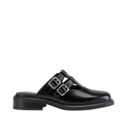 Black leather slip-on mule with double buckle detail and low heel. 