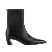 black leather heeled pointed toe boot on a white background