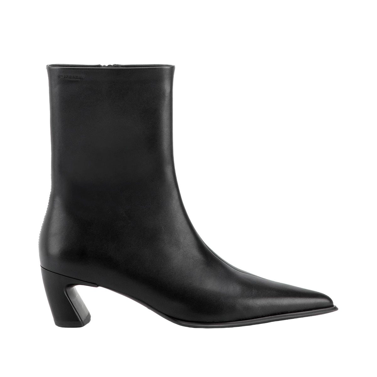 black leather heeled pointed toe boot on a white background