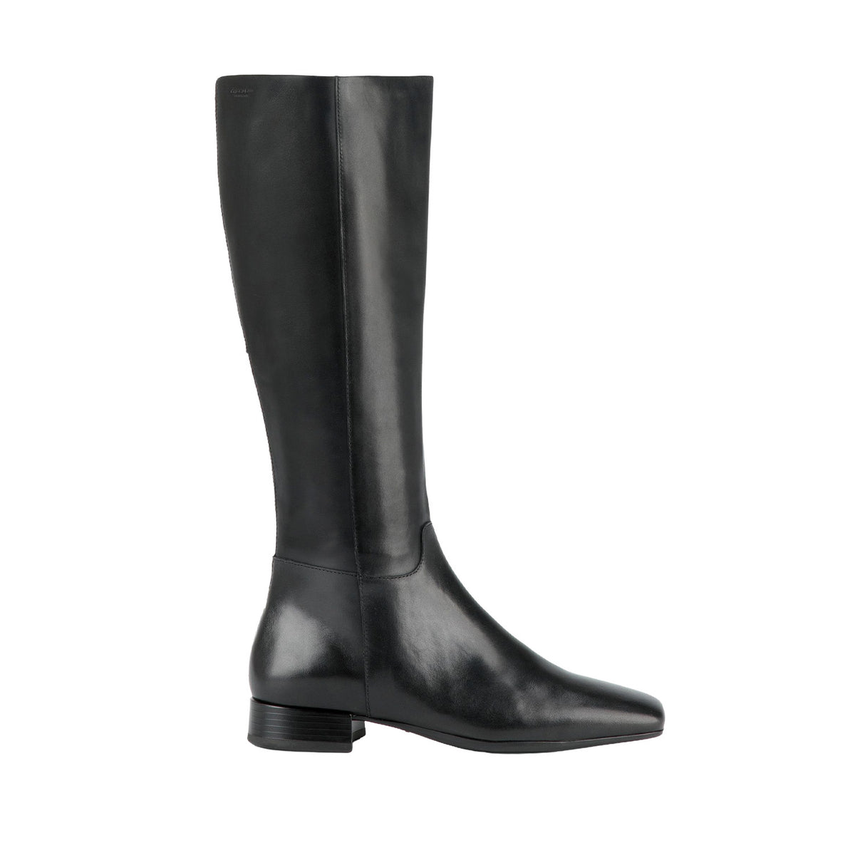 black leather tall riding boot on a white background