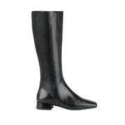 black leather tall riding boot on a white background