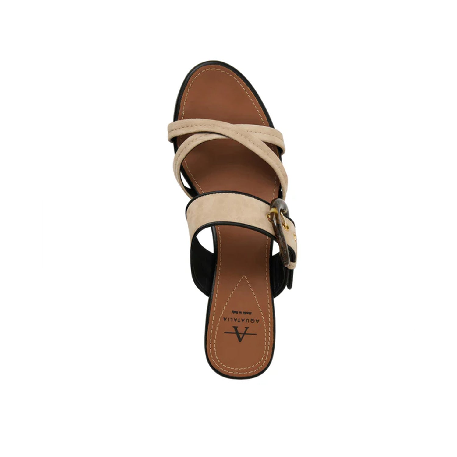 Beige suede and black leather kitten heel sandal with crisscross straps and oversized resin buckle.