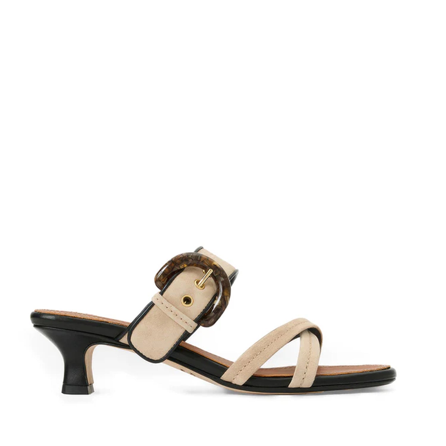 Beige sandal with a brown buckle on a white background