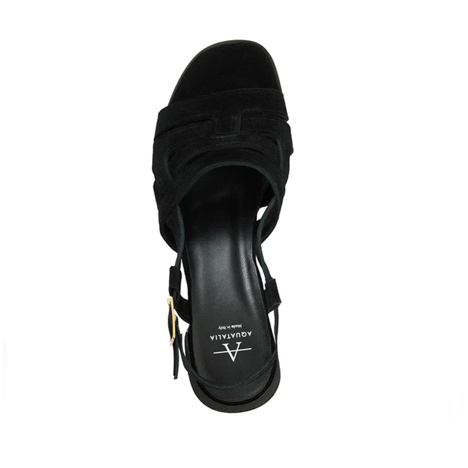 Black suede slingback heeled sandal with a fisherman design, peep toe, and block heel.