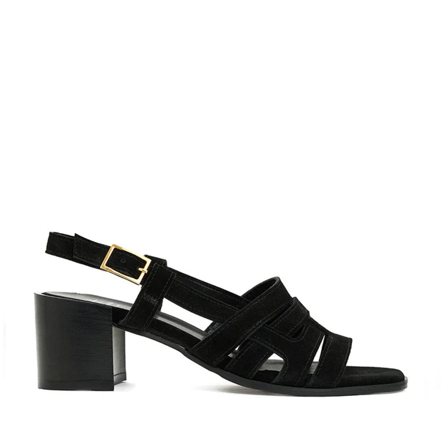 Black sandal with a gold buckle on a white background