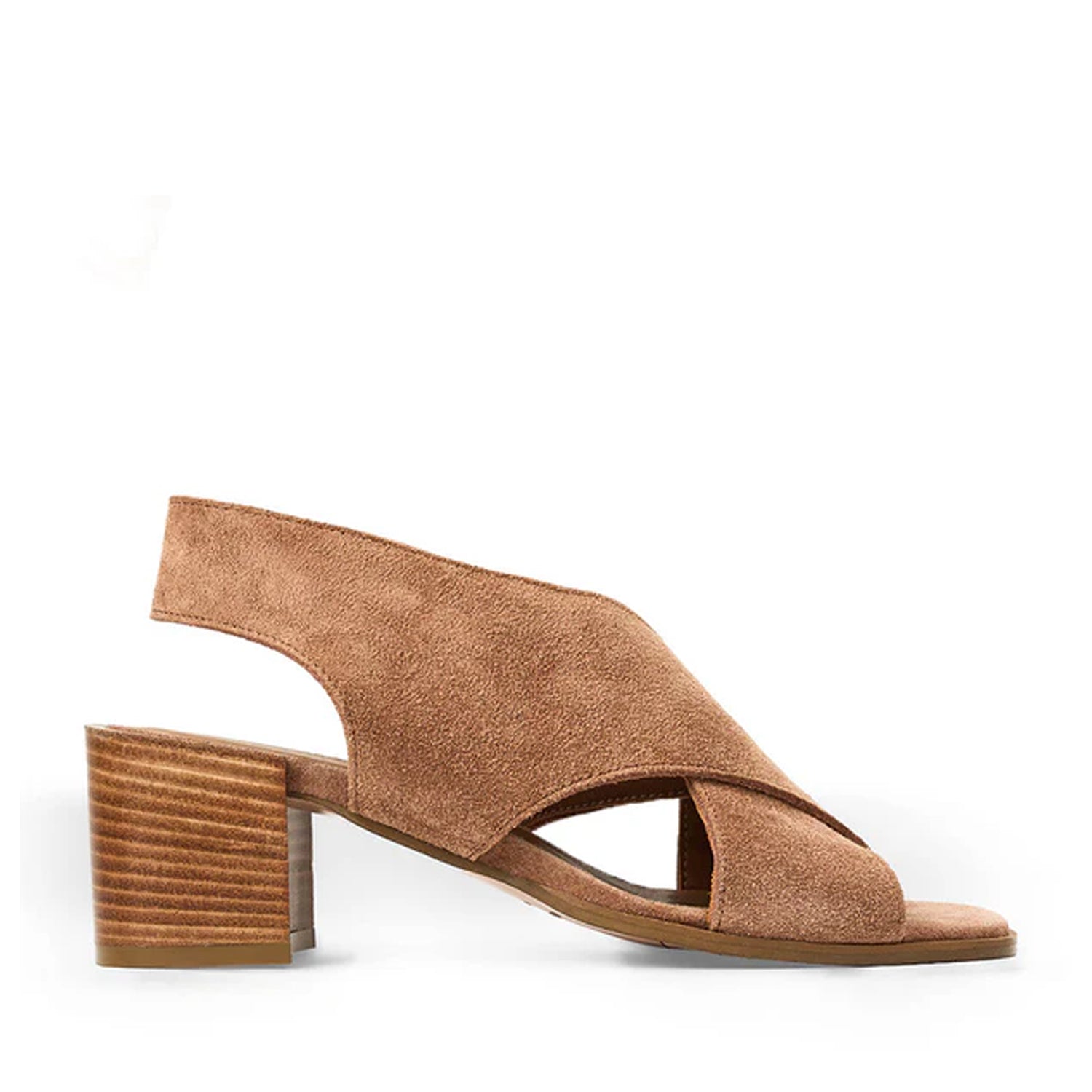 Brown suede block heel sandal on hite background
