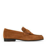 Brown suede loafer shoe on a white background