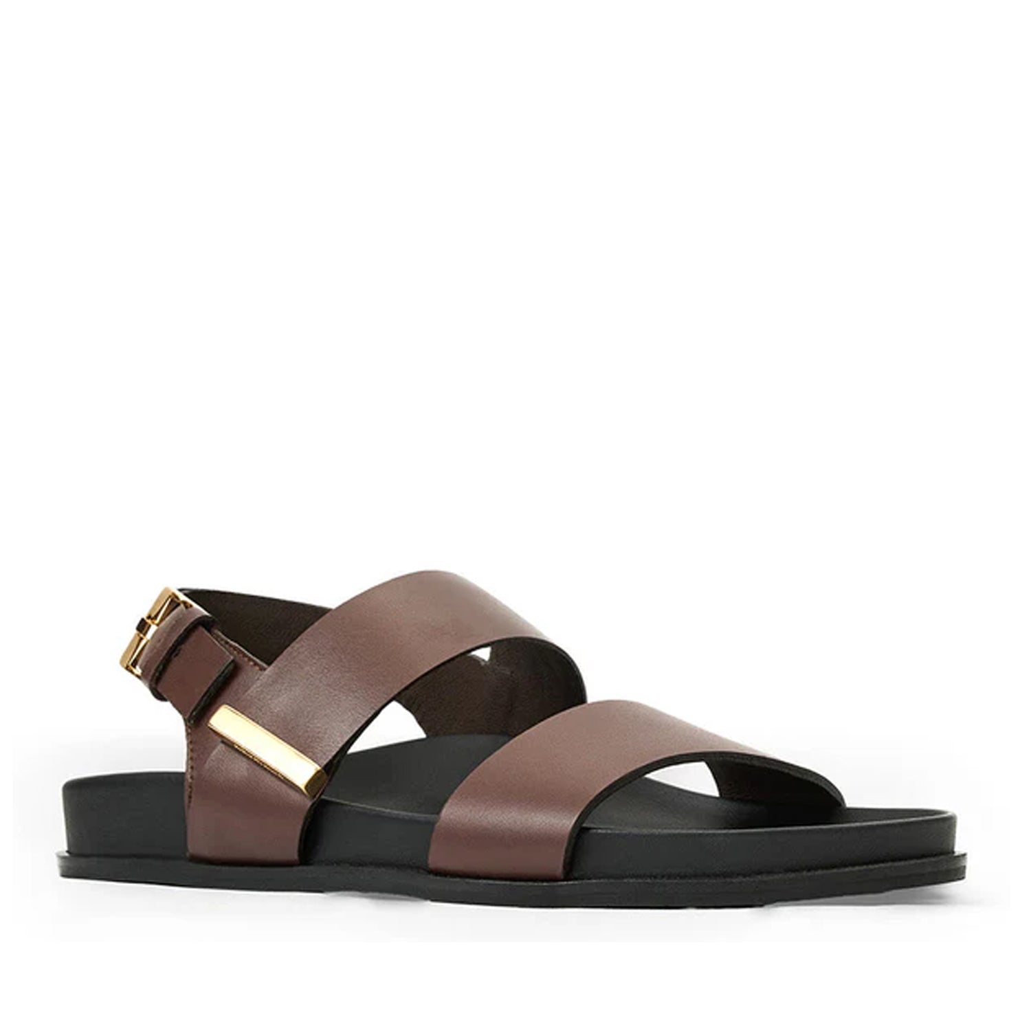 Dark brown leather slingback slide with adjustable gold buckle. 
