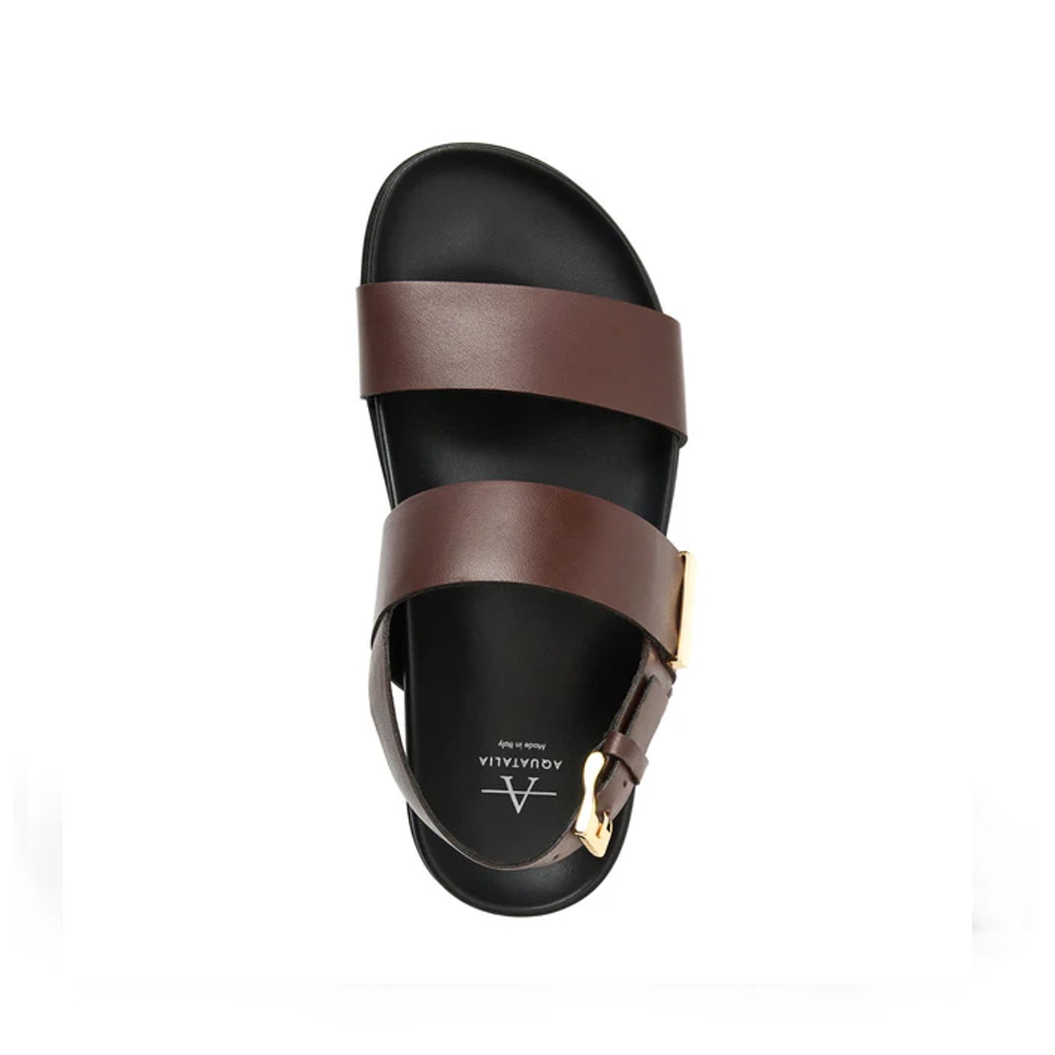 Dark brown leather slingback slide with adjustable gold buckle. 