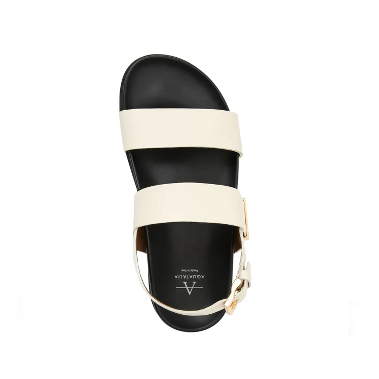 Cream leather slingback slide with adjustable gold buckle. 