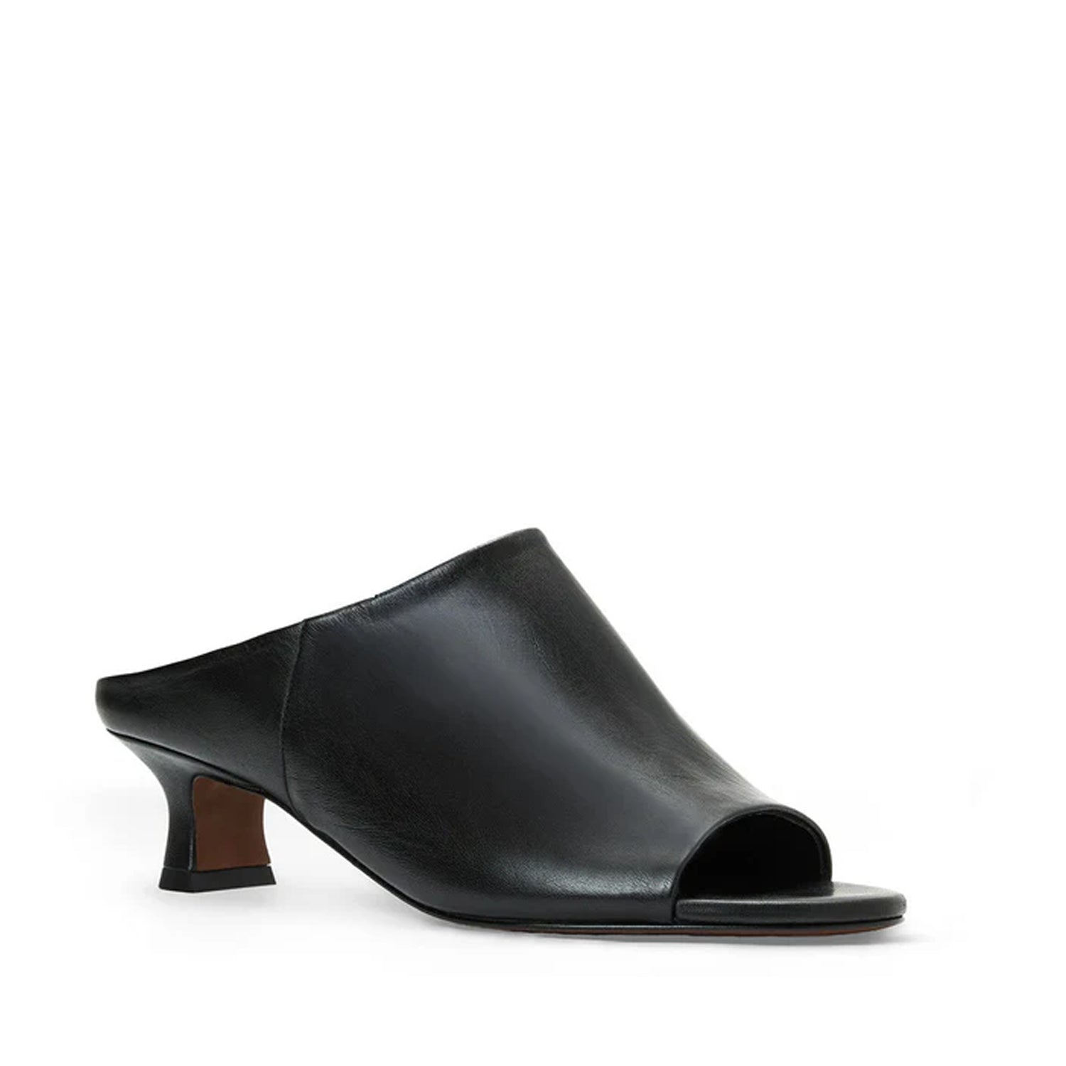 Black leather mule sandal with peep-toe, and kitten heel. 