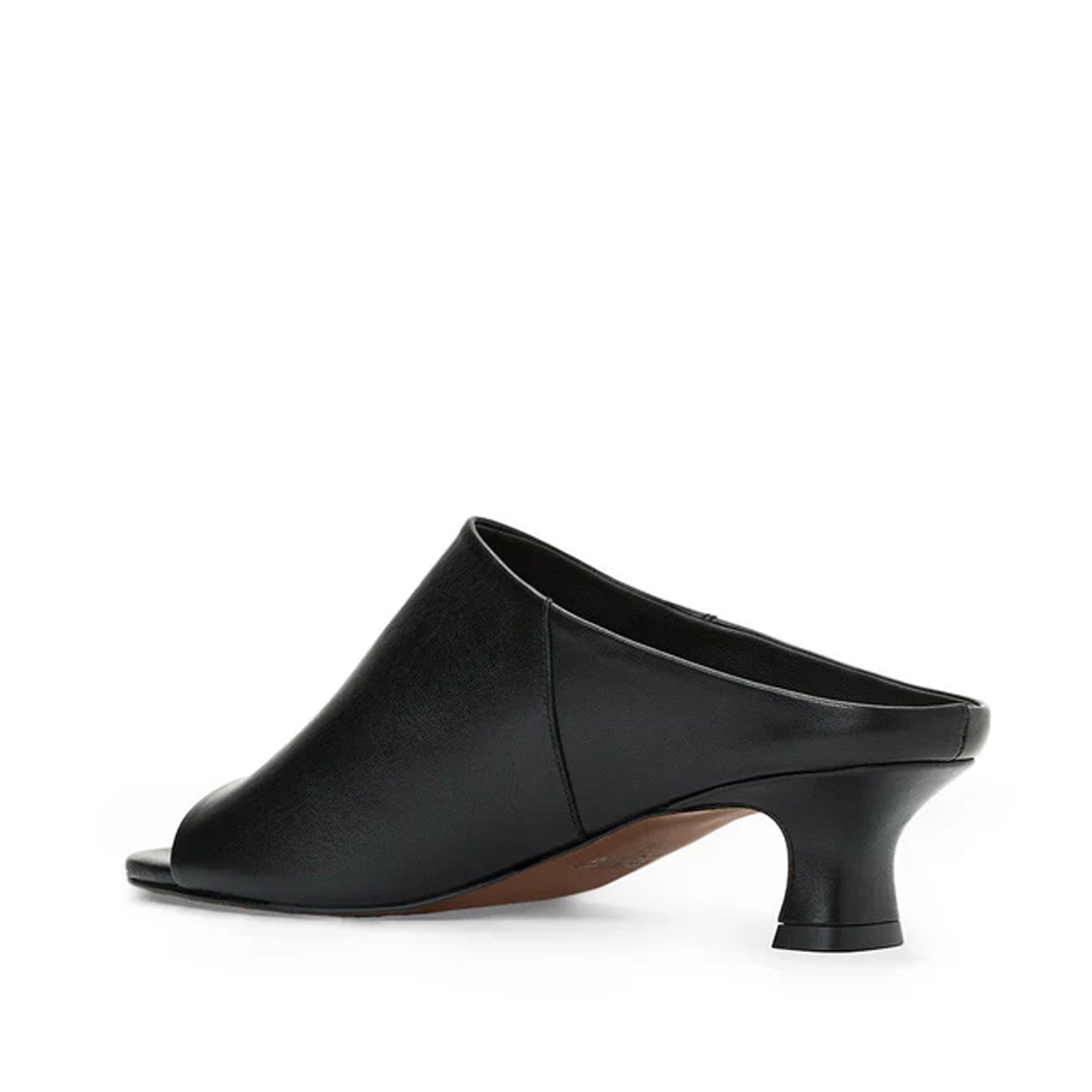 Black leather mule sandal with peep-toe, and kitten heel. 