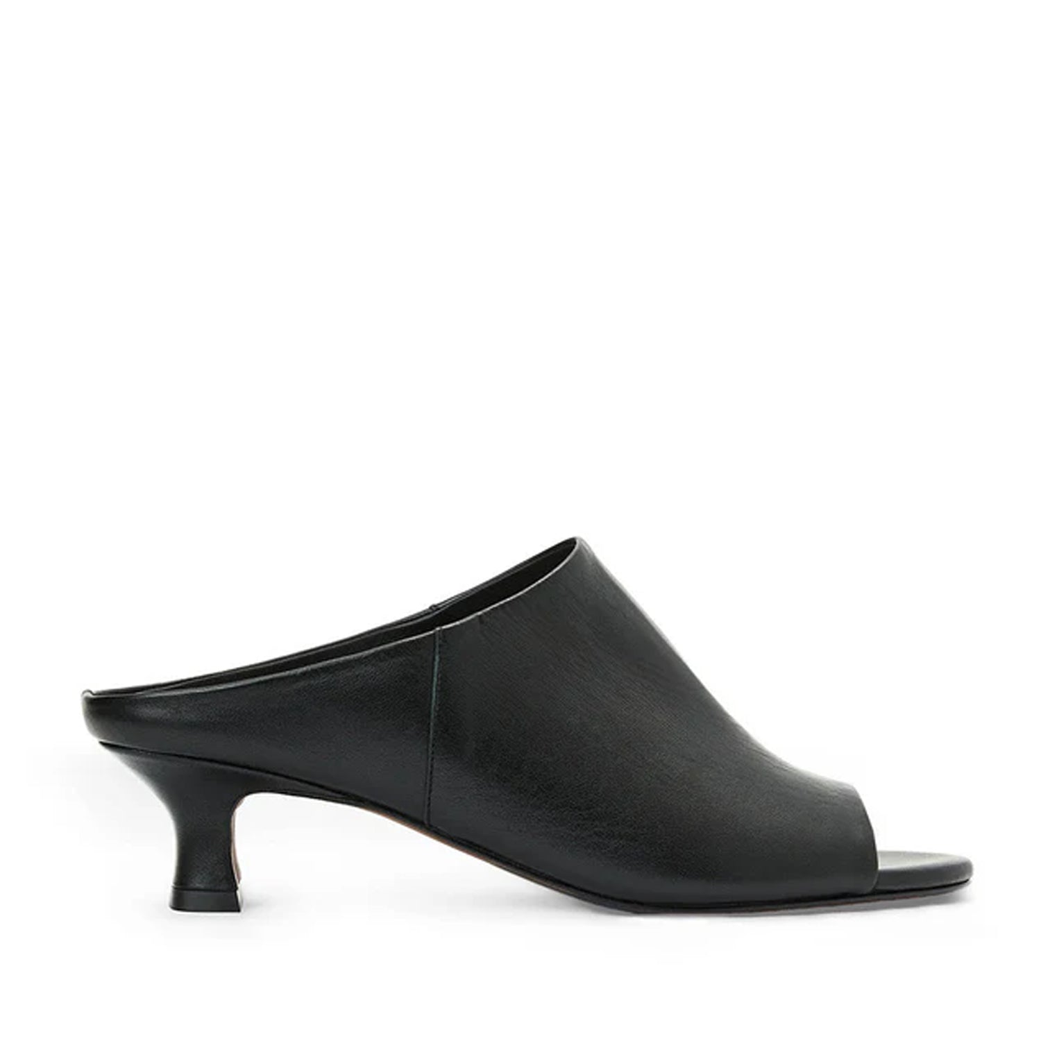 Black leather mule sandal with peep-toe, and kitten heel. 
