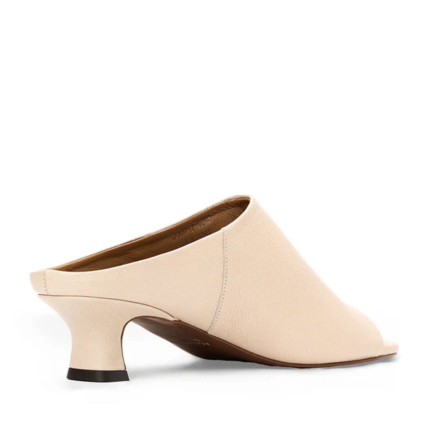 Cream leather mule sandal with peep-toe, and kitten heel. 
