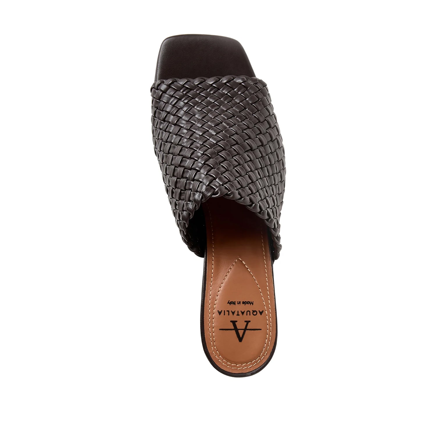 Dark brown leather woven mule sandal with peep-toe, and block heel. 