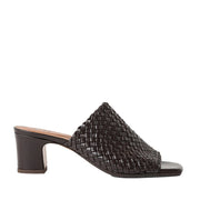 Dark brown leather woven mule sandal with peep-toe, and block heel. 