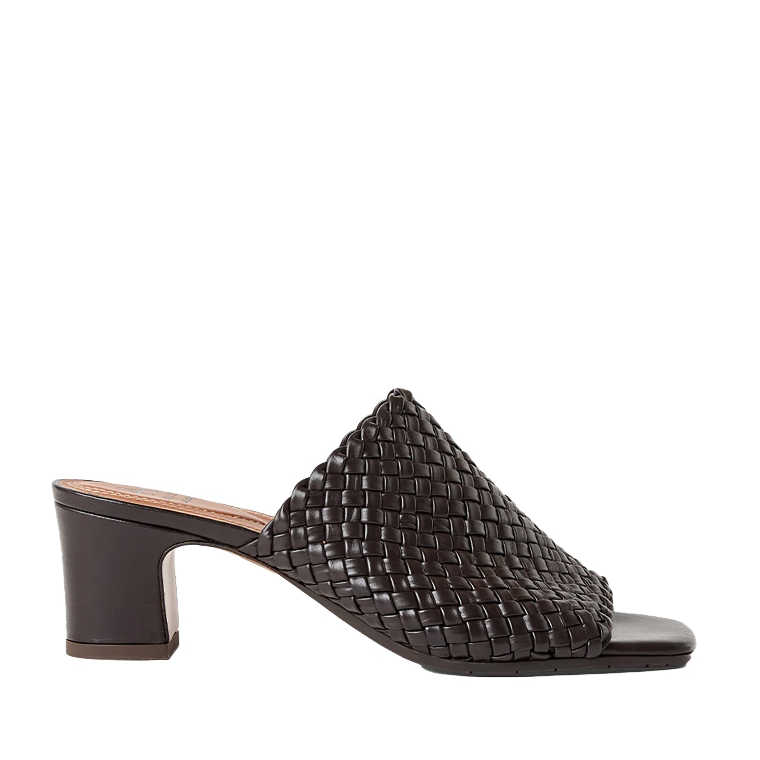 Dark brown leather woven mule sandal with peep-toe, and block heel. 