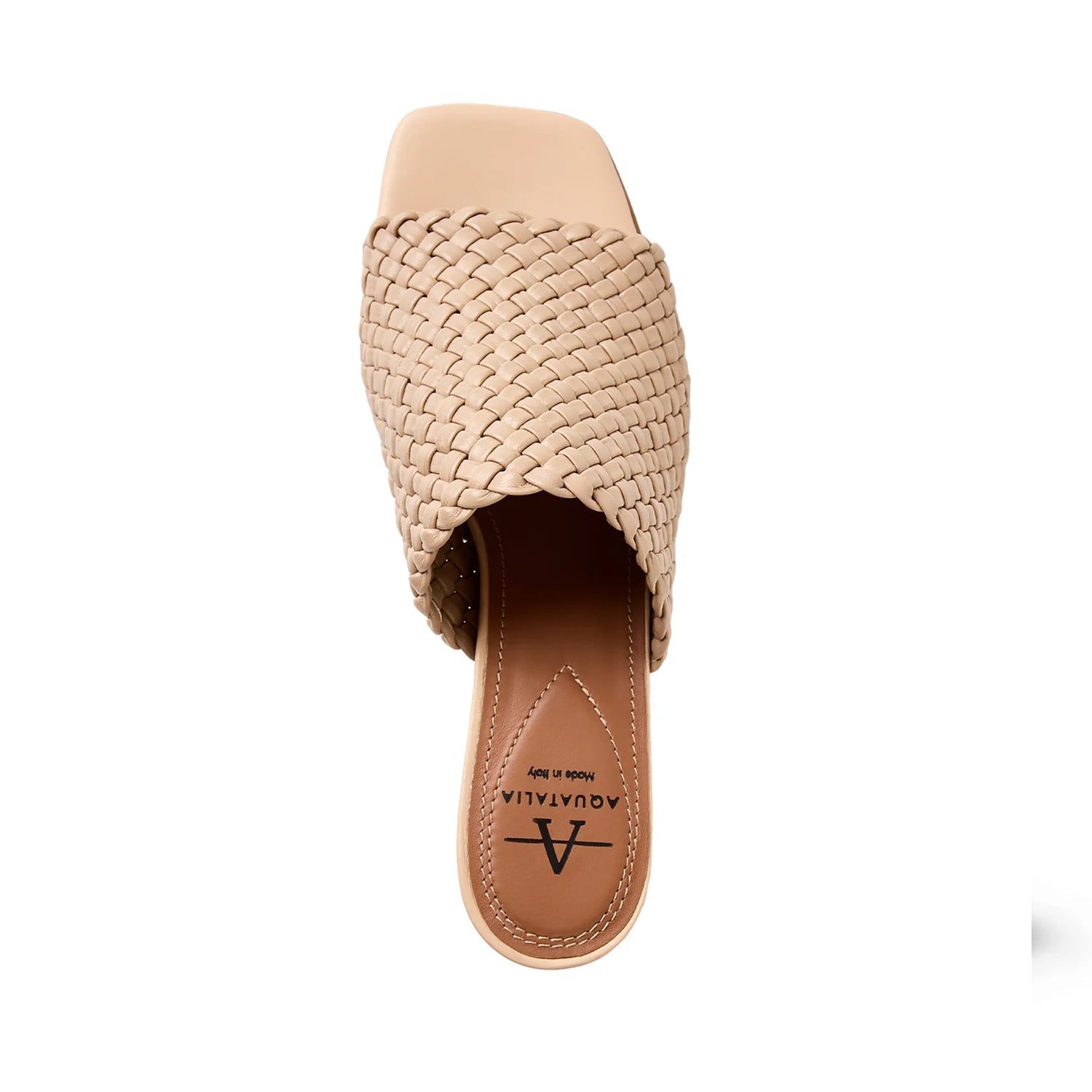 Cream beige leather woven mule sandal with peep-toe, and block heel. 