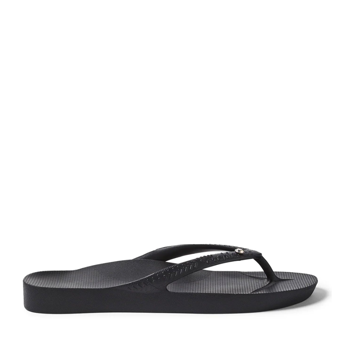 Crystal Black thong flip flops on a Crystal Black background