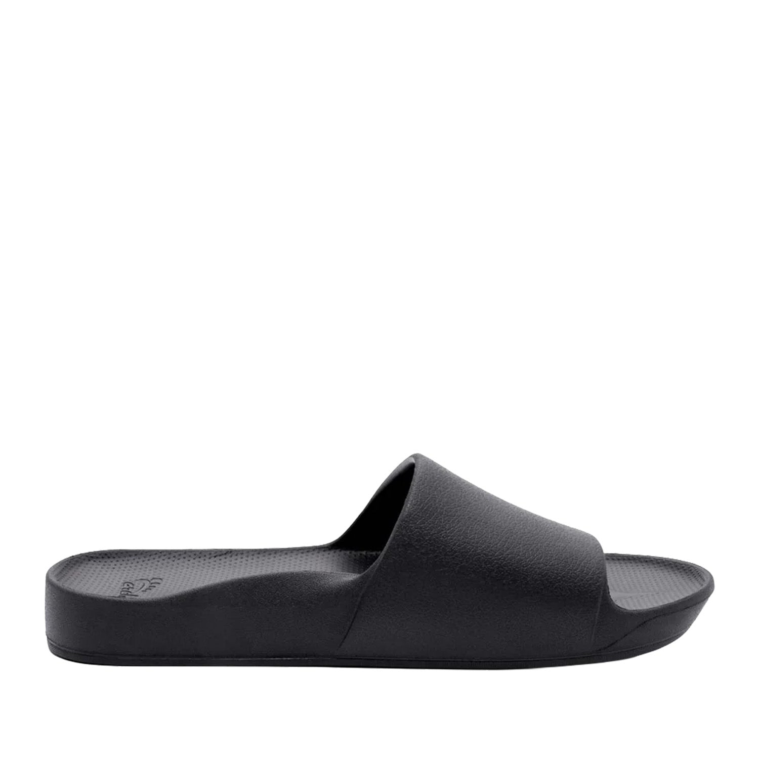 Black slide sandals on a white background
