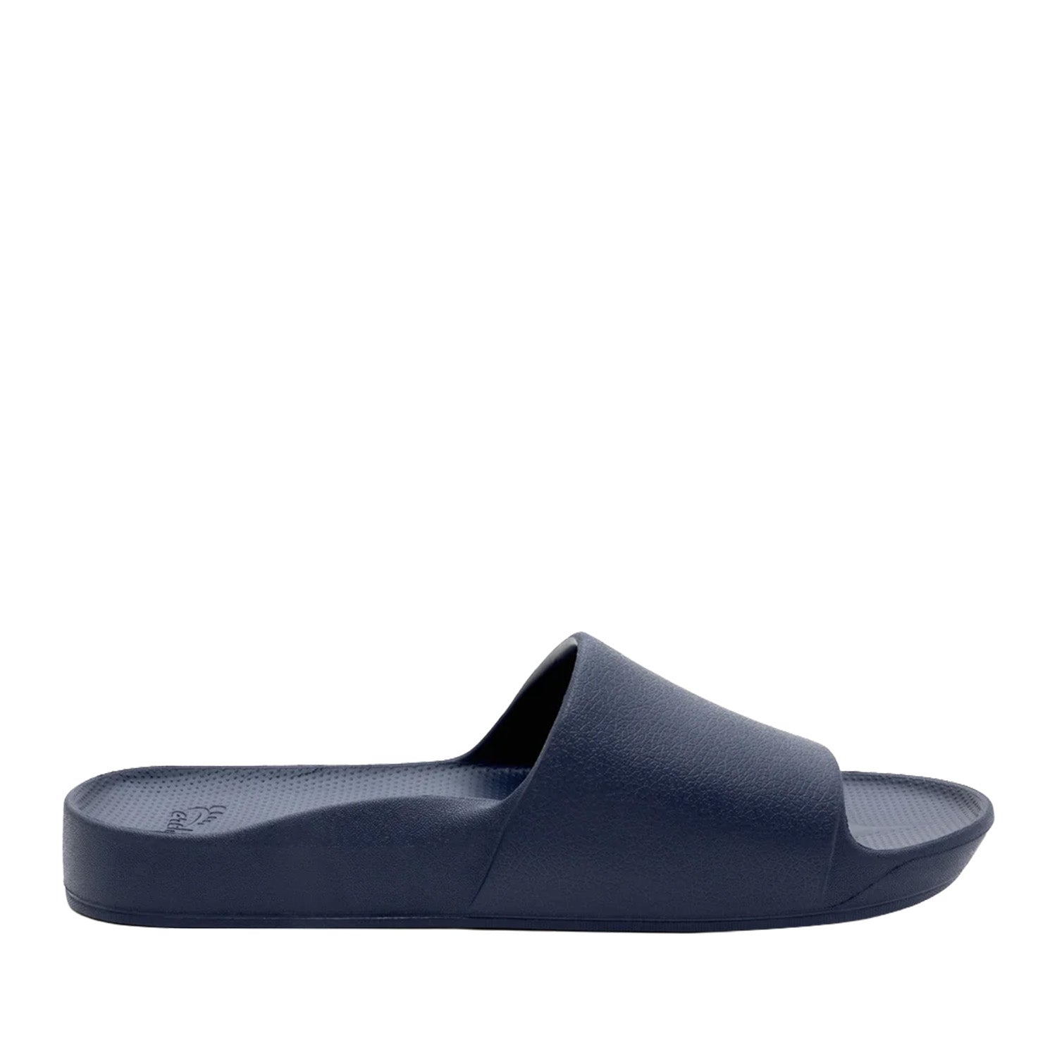 Navy blue slide sandals on a white background