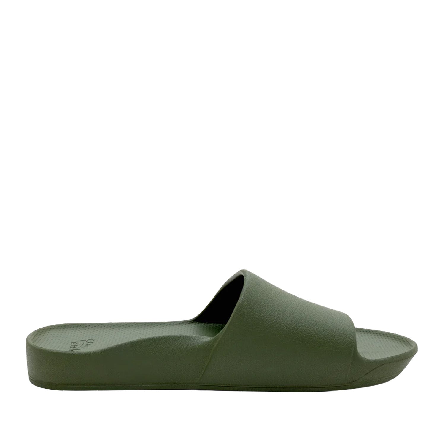 Olive green slide sandals on a white background