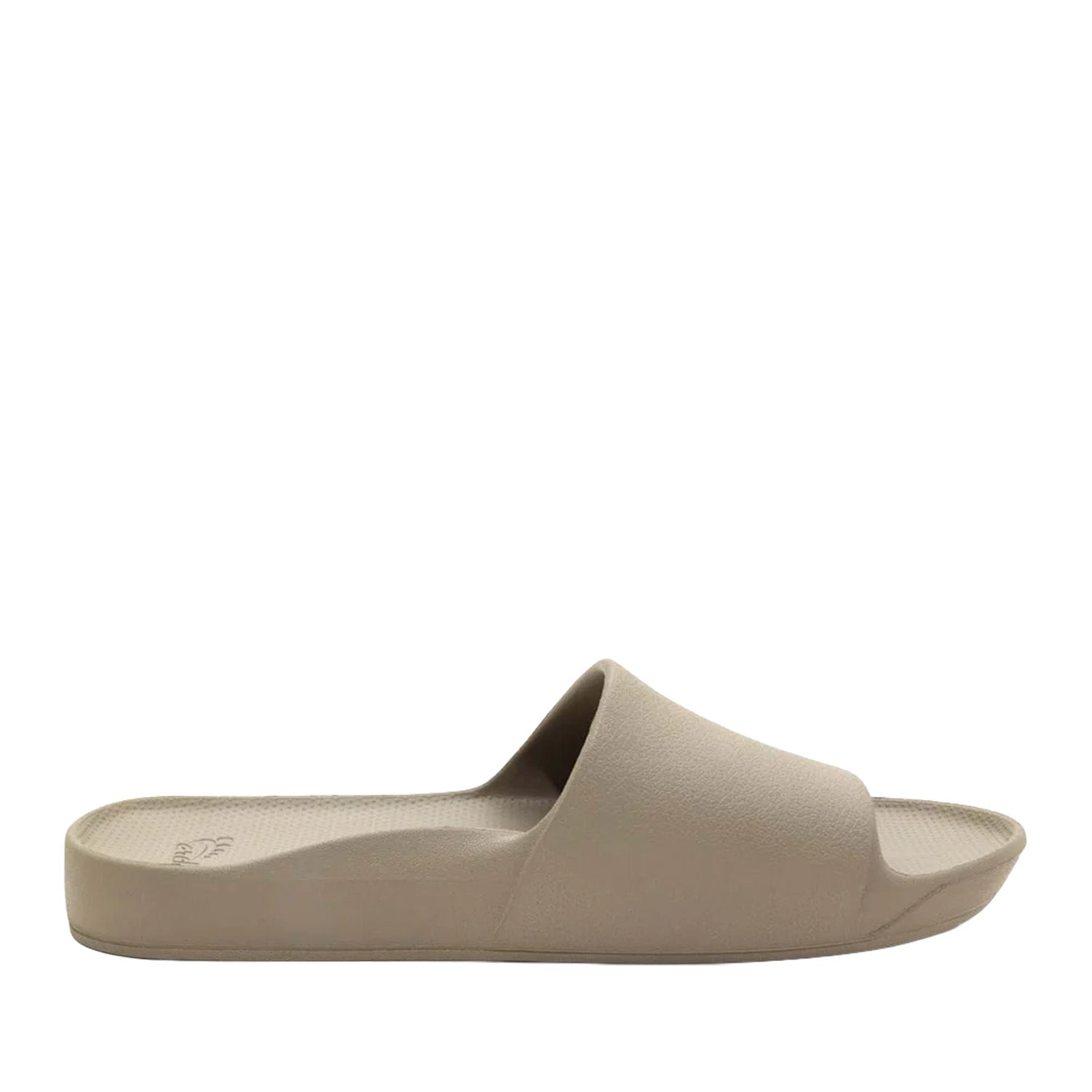 Taupe slide sandals on a white background