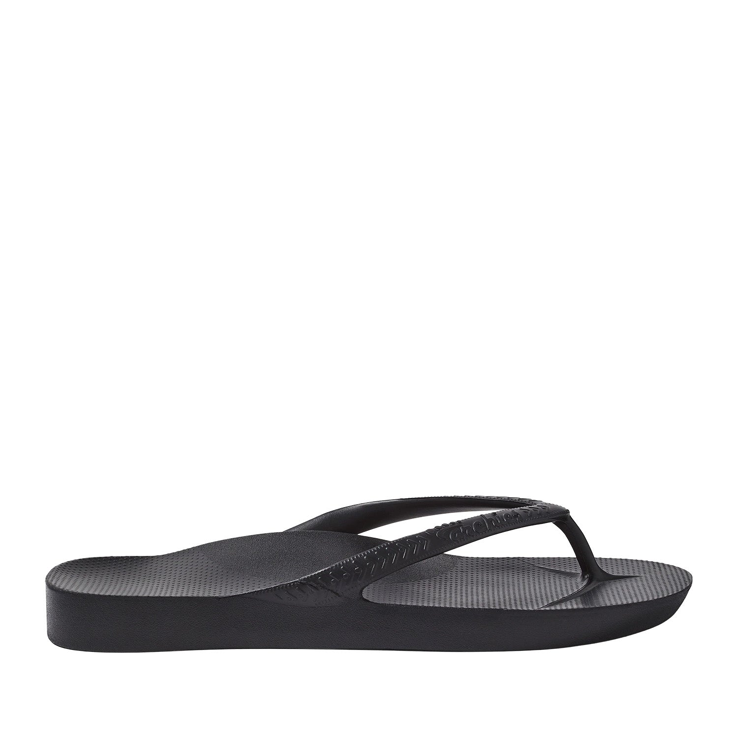 Black thong flip flops on a black background