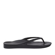 Black thong flip flops on a black background