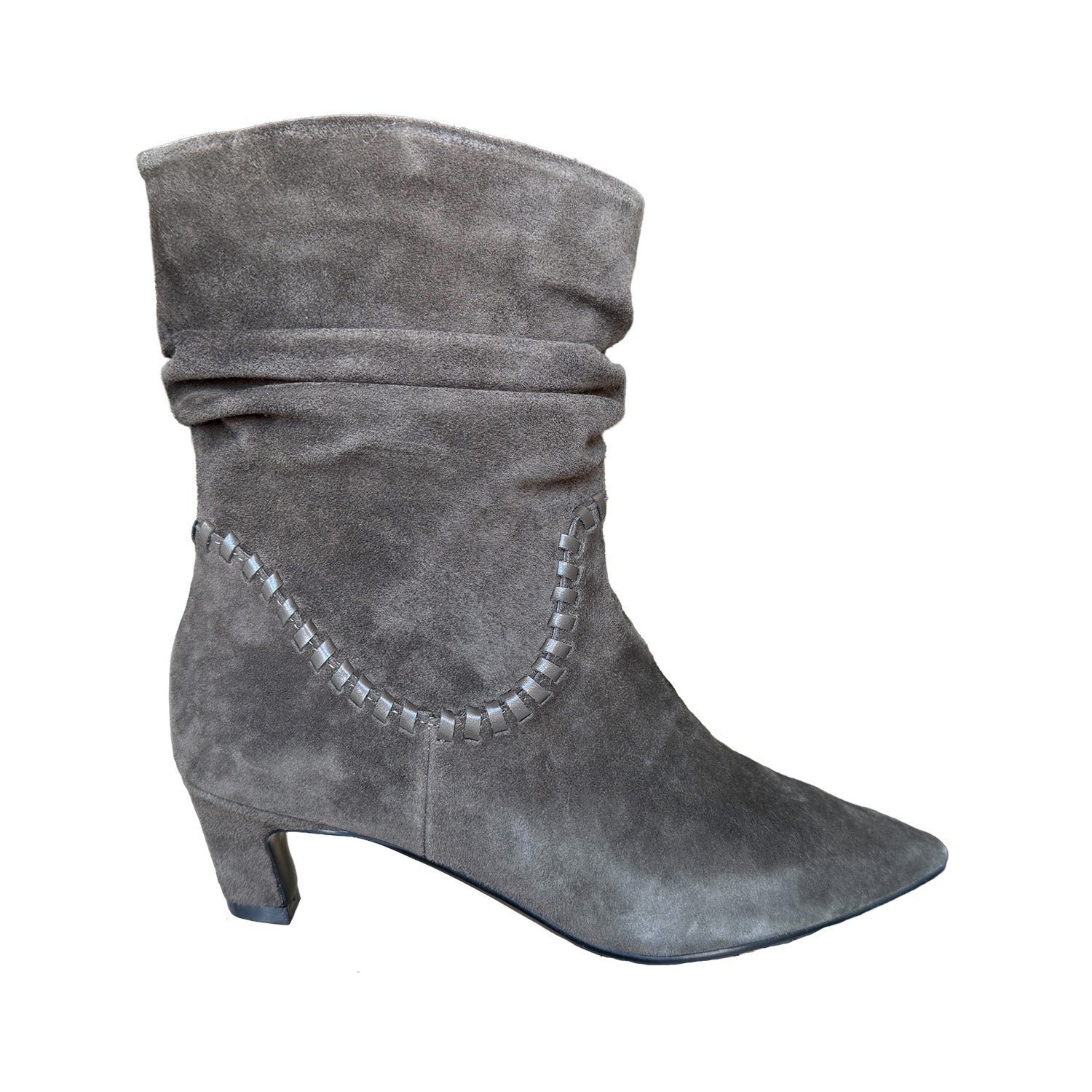 brown slouchy suede pointed-toe kitten heel ankle boot on a white background