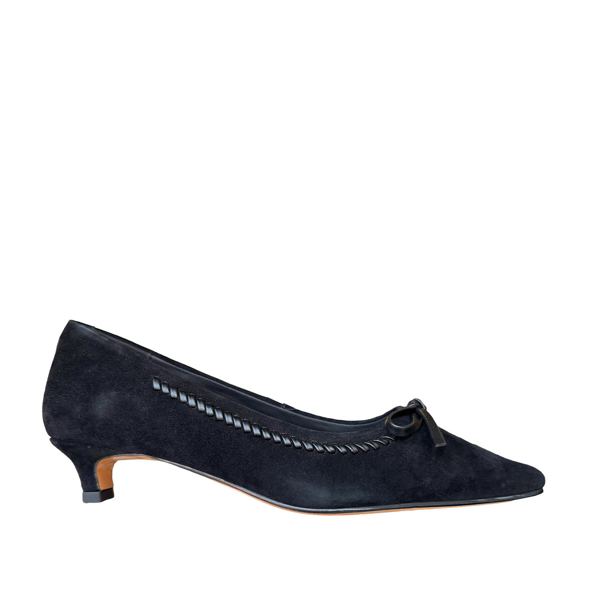 black suede stitch-trim pump with a bow detail on a white background