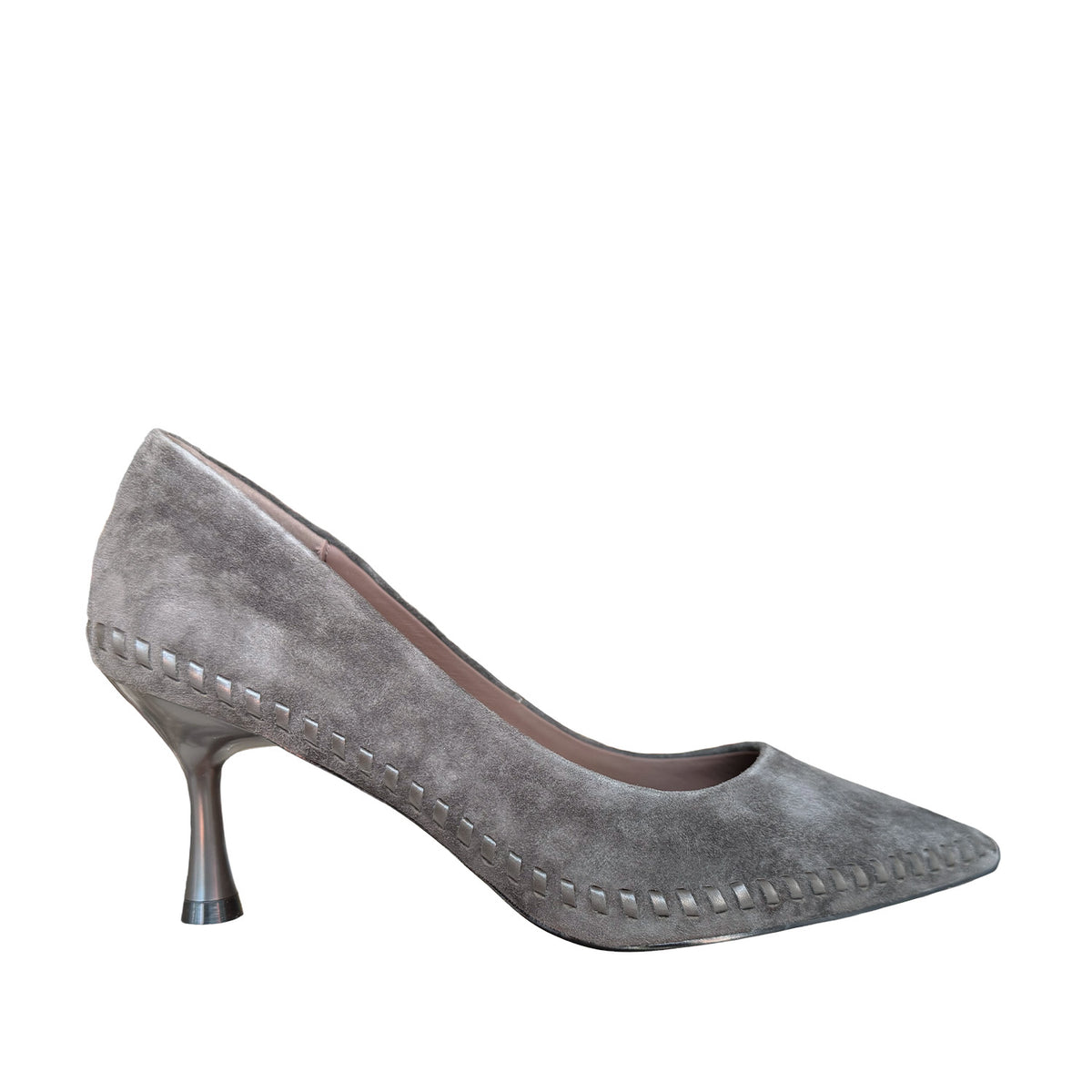 grey suede stitch-trim pump on a white background