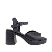 Black leather platform sandal with a block heel and adjustable straps. 