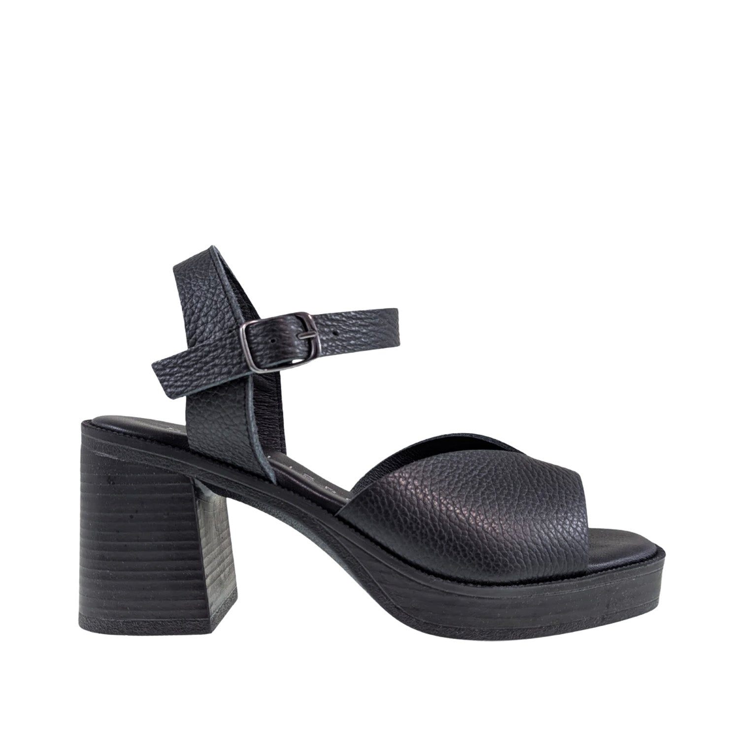 Black leather platform sandal with a block heel and adjustable straps. 