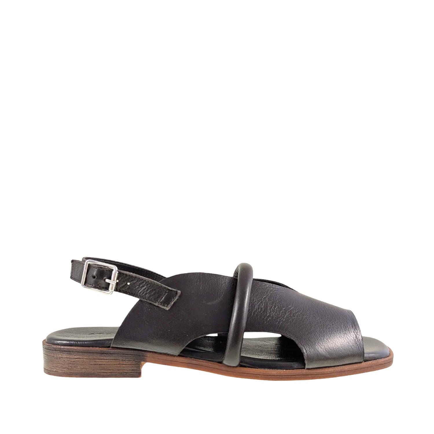 Brown leather slingback sandal with low heel on a white background.