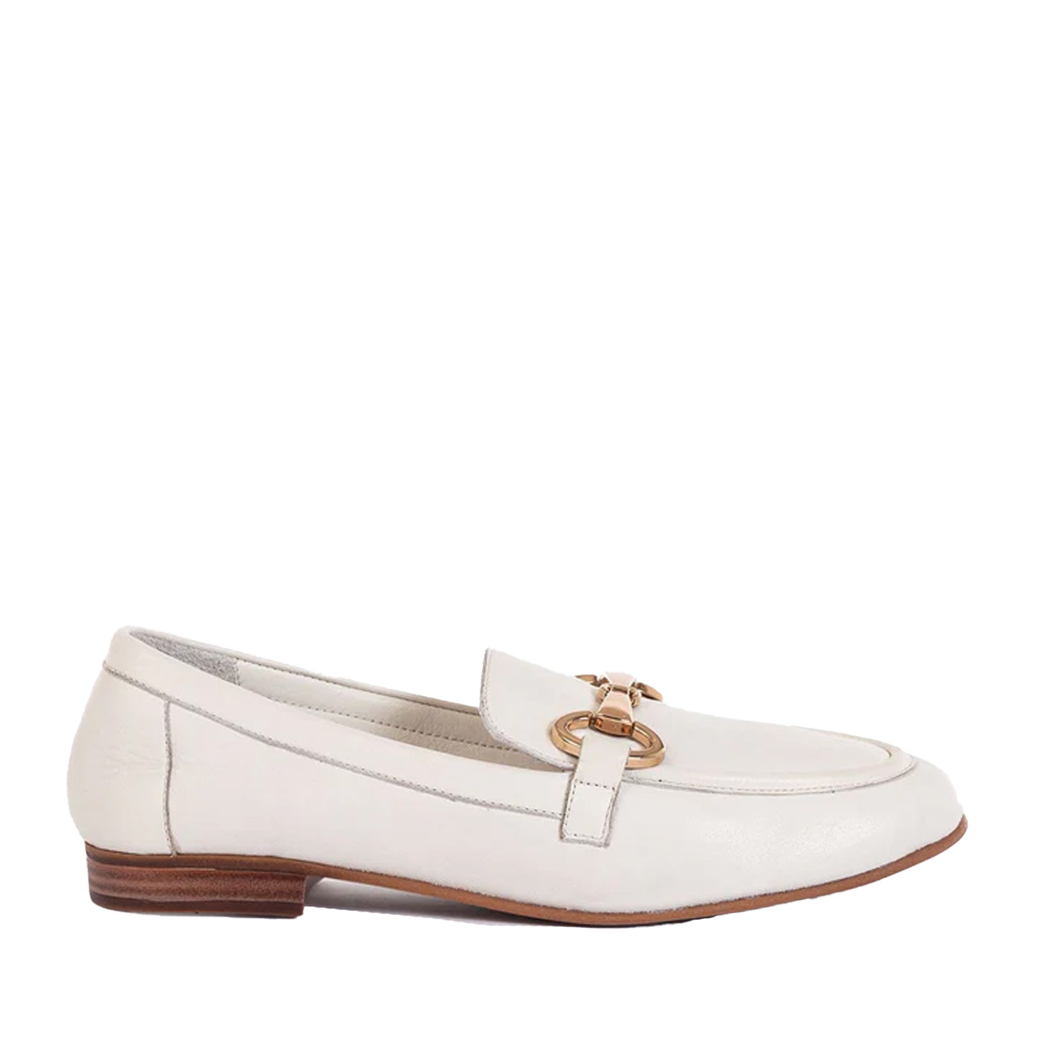White loafer shoe with a gold chain detail on a white background
