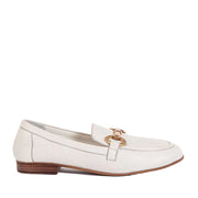 White loafer shoe with a gold chain detail on a white background