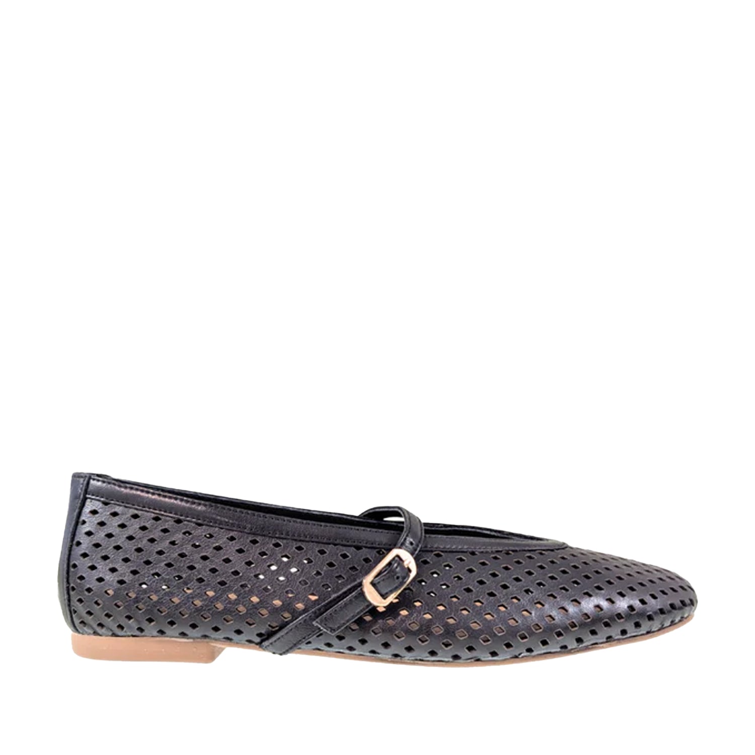 Pair of black leather perforated mary jane flat on a white background