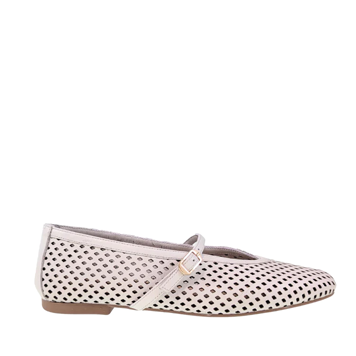 White perforated leather mary jane with gold buckle on a white background
